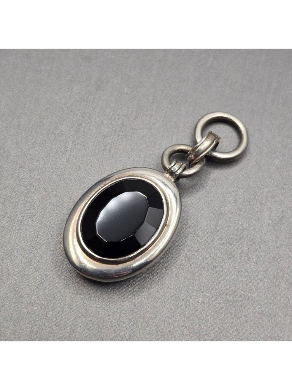 Antique Sterling Silver Reversible Watch Fob Pendant 1.75" Onyx Mother Of Pearl